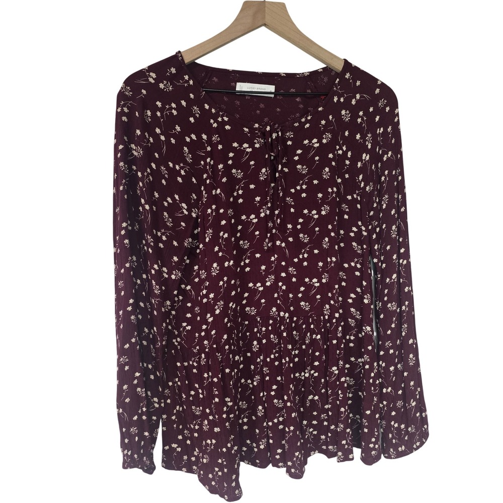 Lucky Brand Floral Peplum Blouse Women Medium Maroon Rayon Boho Cottagecore